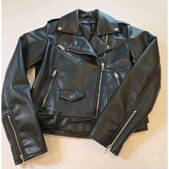 Zara Faux Leather Black Motorcycle Jacket Small Indie Sleaze Bikercore Vegan EUC - Picture 2 of 10